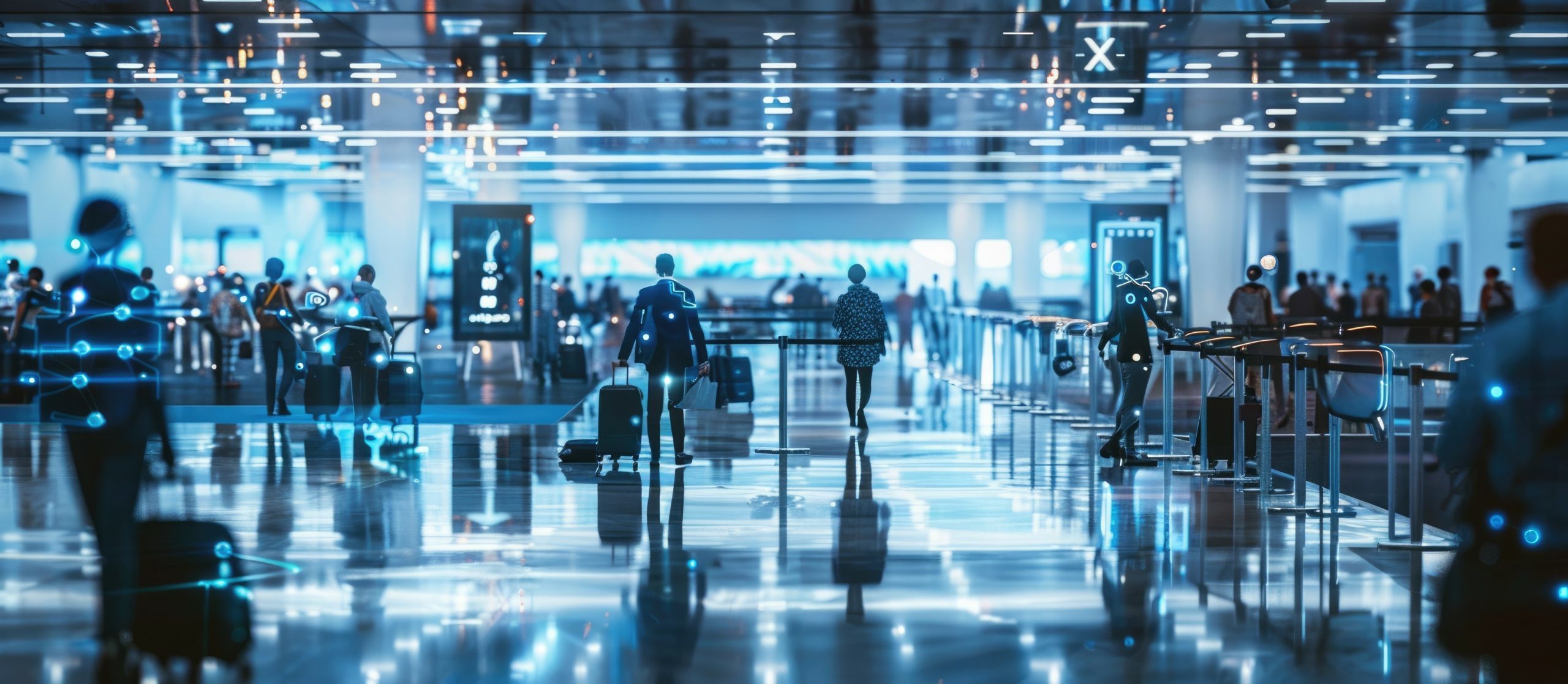 Futuristic airport with people and suitcases