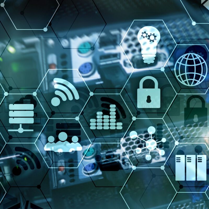 ICT - information and telecommunication technology and IOT - internet of things concepts. Diagrams with icons on server room backgrounds.