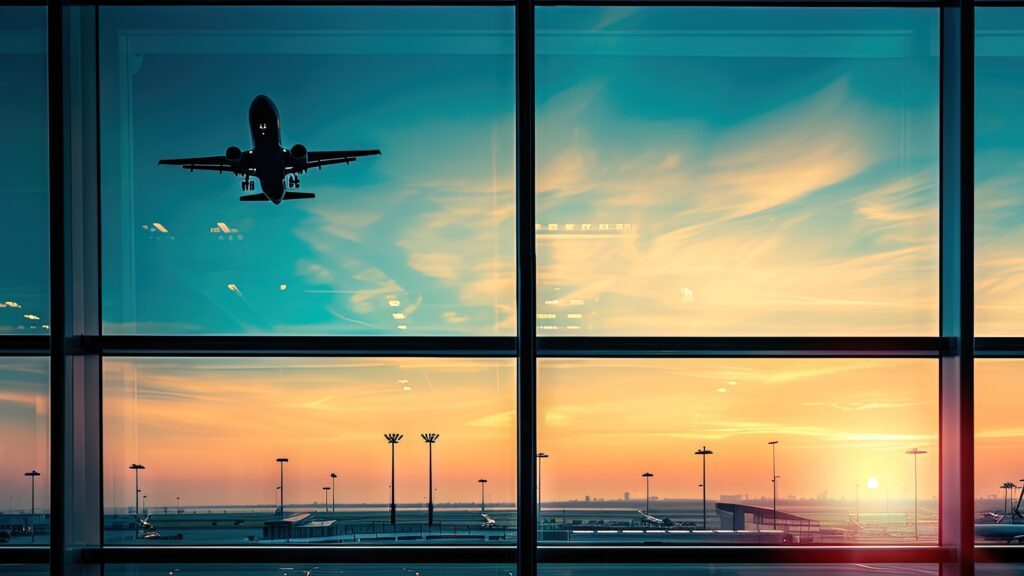 An airplane takes off from an airport during sunset
