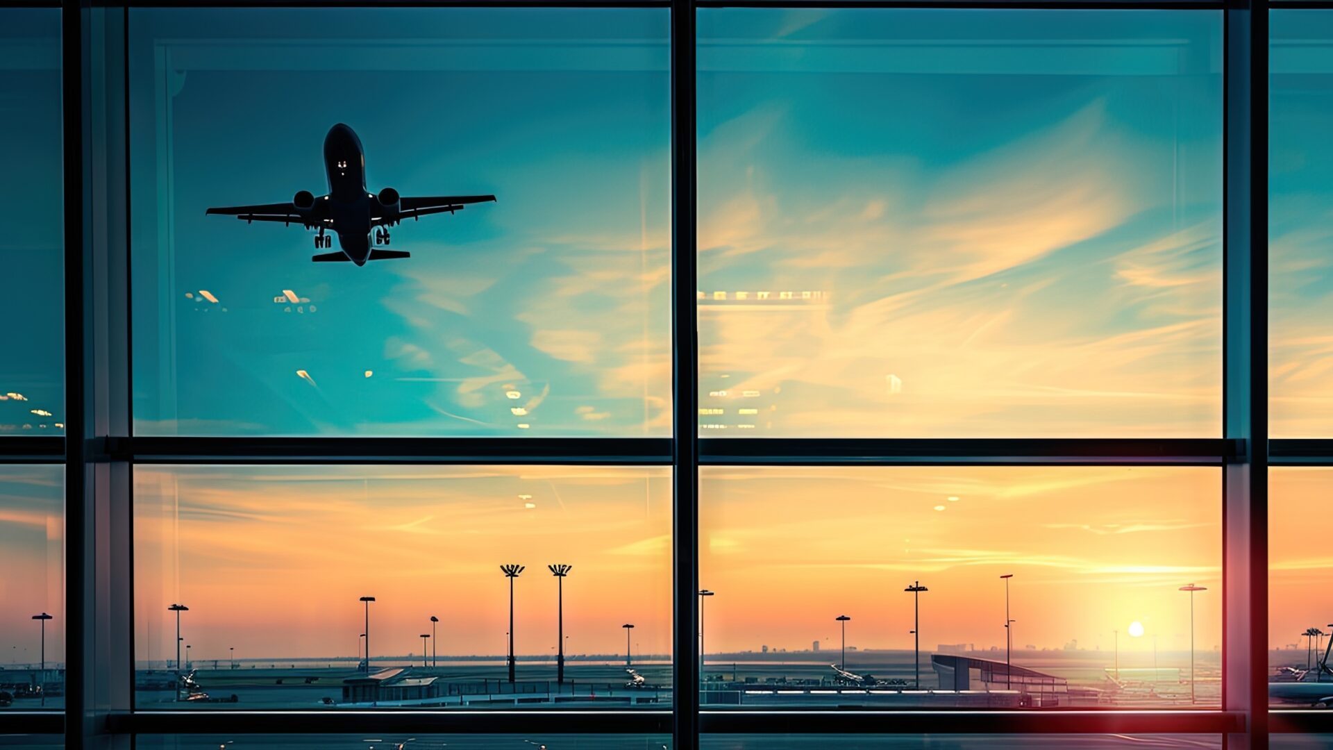 An airplane takes off from an airport during sunset