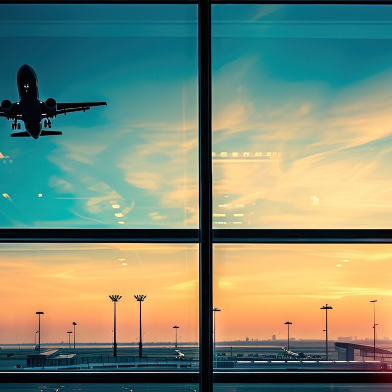 An airplane takes off from an airport during sunset