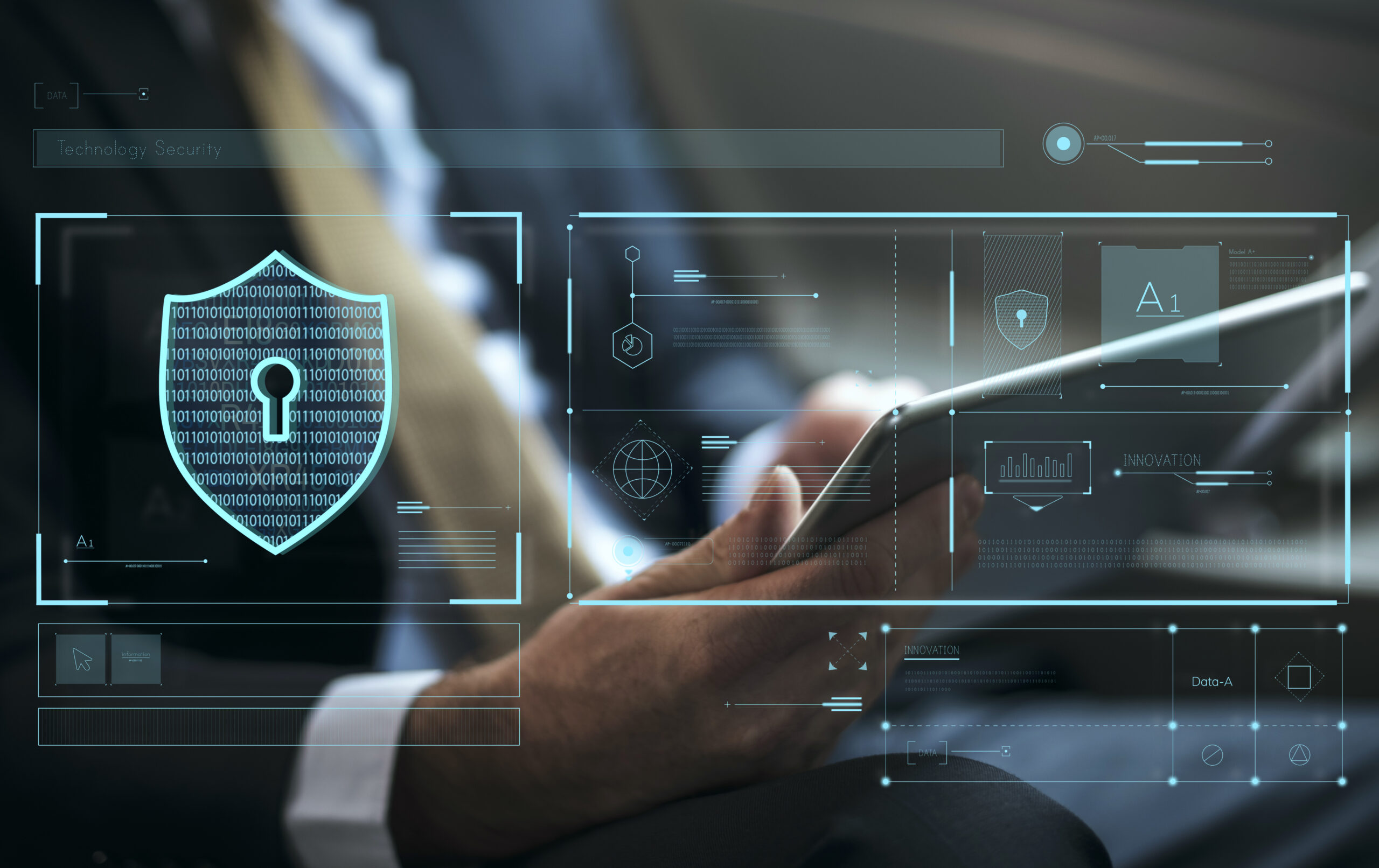 Overlay of lock and shield on hands holding an ipad