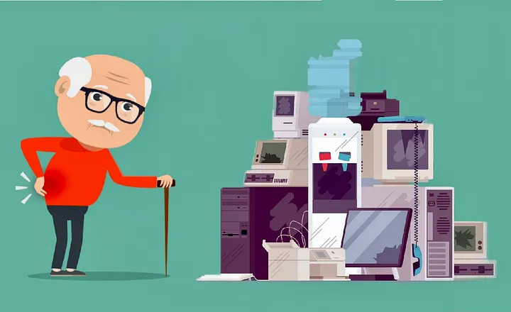 Cartoon illustration of a middle aged man and a pile of computers